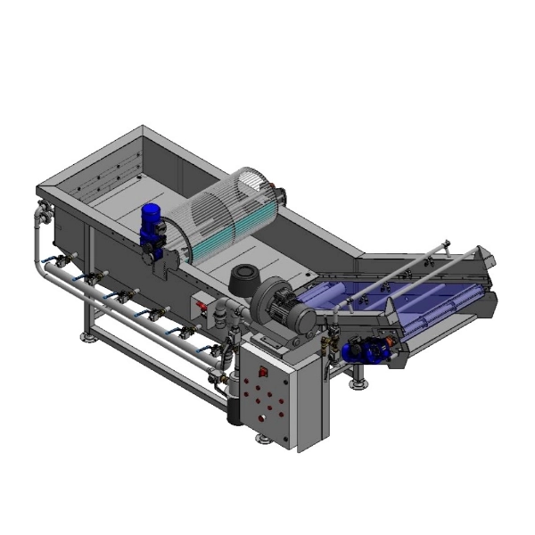 Bubble washing of table grapes with product loading for packaging and filter